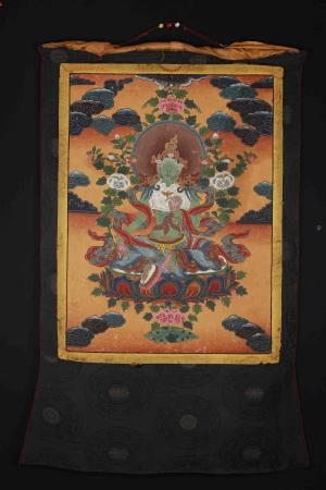 Vintage Green Tara Thangka with Brocade | Vintage Thangka Painting | Goddess of Compassion